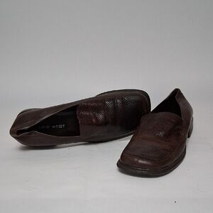 Nine West Brown Textured Leather Slip-On Loafers